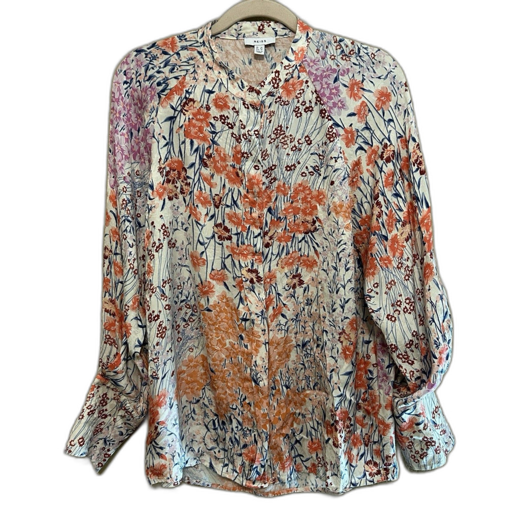 Reiss Floral Printed Blouse Womens Size 10 US Long Sleeve Viscose Button Up